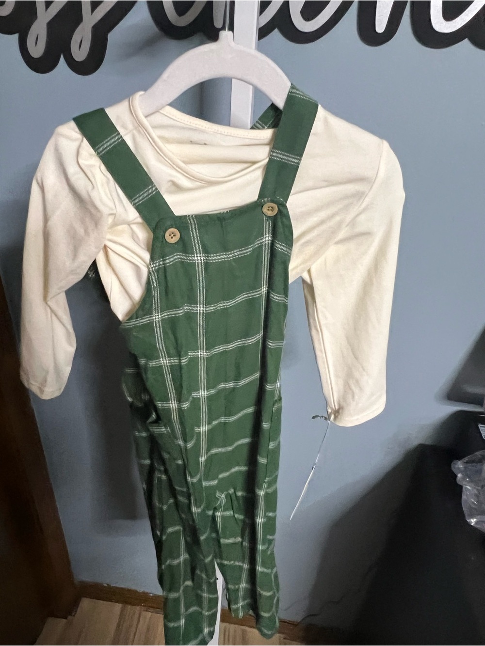 Green Ans Cream Plaid Overalls with Cream Long Sleeve Top NWT 18 months